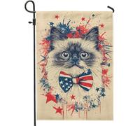 Bandiera da giardino patriottica a forma di gatto, con papillon rosso, bianco e blu, decorazione per la casa e il giardino, bandiera su entrambi i lati, in iuta, per cortile, festa dell'indipendenza