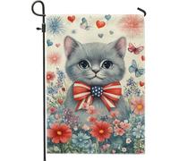 Bandiera da giardino patriottica con gattino, gatto grigio con fiocco rosso bianco blu e fiori, decorazione per esterni, bandiera da cortile in iuta su entrambi i lati, per il giorno dell'indipendenza