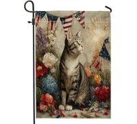 Bandiera da giardino patriottica con gatto, bandiera floreale per il quarto di luglio, decorazione vintage in stile americano per esterni, decorazione per cortile, bandiera su entrambi i lati, 71 x