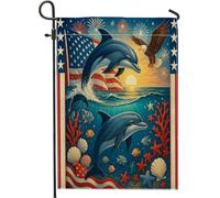 Bandiera da giardino patriottica dell'oceano, delfini blu, aquila, stella marina, corallo, decorazione per prato all'aperto, in iuta su entrambi i lati, per vacanze estive, 30,5 x 45,7 cm
