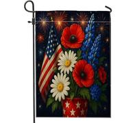 Bandiera da giardino patriottica floreale, papavero rosso, margherita blu, fiori di lupino americano, bandiera americana su entrambi i lati, bandiera da giardino per il giorno dell'indipendenza
