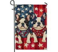Bandiera da giardino patriottica per cani, rosso bianco blu con cani francesi, striscione decorativo per la casa, decorazione per prato in iuta su entrambi i lati, per il giorno dell'indipendenza, per