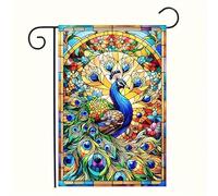 Bandiera Da Giardino Peacock With Vibrant Stained Glass And Flower Background 30X45Cm Bandiera Di Benvenuto Stagionali Con Occhielli Bandiere Per Esterni Celebrazione Estiva