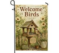 Bandiera da giardino per birdhouse, rustica naturale con uccellini girasoli verde primavera su entrambi i lati, piccola bandiera da giardino per esterni, patio, prato, portico anteriore, balcone, 30,5