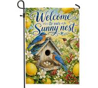 Bandiera da giardino per birdhouse, Spring Nature Bluebird colibrì primavera blu juta double face bandiere decorative per cortile esterno patio prato portico ingresso campeggio 30,5 x 45,7 cm