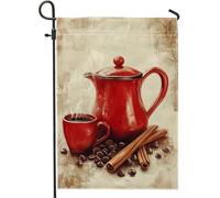 Bandiera da giardino per caffettiera, teiera rossa, decorazione per la casa, striscione da giardino, decorazione da giardino su entrambi i lati, decorazione per prato all'aperto, design per cucina