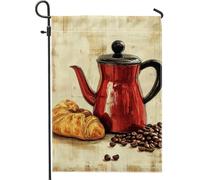 Bandiera da giardino per caffettiera, teiera vintage rossa con croissant e chicchi di caffè, decorazione per la casa, striscione per esterni in iuta su entrambi i lati, decorazione per prato e cucina