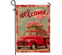Bandiera da giardino per camion, palloncini rustici primaverili con tulipani rossi primaverili in iuta rossa su entrambi i lati, bandiere decorative per esterni, portico anteriore, prato, patio