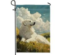 Bandiera da giardino per cani con prato estivo, decorazione per esterni con paesaggio per cani bianchi, in tessuto su entrambi i lati, regalo per gli amanti degli animali, per la casa e il cortile
