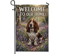 Bandiera da giardino per cani, con scritta "Welcome Nature", con lavanda e farfalla, viola primaverile, in iuta su entrambi i lati, piccola bandiera da giardino per esterni, patio, prato, portico