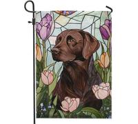 Bandiera da giardino per cani da laboratorio primaverile estate marrone, tulipani colorati floreali per esterni, bandiera decorativa da cortile su entrambi i lati per feste in prato 30,5 x 45,7 cm