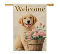 Bandiera da giardino per cani di benvenuto, cucciolo beige con rose di pesca, striscione decorativo per la casa, bandiera da giardino in iuta su entrambi i lati, per decorazione esterna del prato, 71