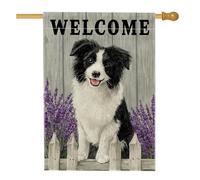 Bandiera da giardino per cani di benvenuto, cucciolo bianco nero con fiori di lavanda, decorazione stagionale per esterni, striscione per prato in iuta su entrambi i lati per casa e giardino, 71 x 101