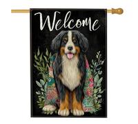 Bandiera da giardino per cani di benvenuto, decorazione per esterni con cane da montagna del Bernese nero, bandiera floreale su entrambi i lati per la casa primaverile ed estiva, graziosa decorazione