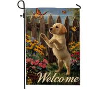 Bandiera da giardino per cani di benvenuto, decorazione per esterni con cucciolo di farfalla gialla, striscione su entrambi i lati in iuta per prato, decorazione per cortile a tema primavera estate
