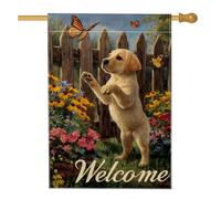 Bandiera da giardino per cani di benvenuto, decorazione per esterni con cucciolo di farfalla gialla, striscione per prato in iuta su entrambi i lati, decorazione per cortile a tema primavera estate