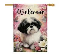 Bandiera da giardino per cani di benvenuto, decorazione per esterni con farfalla floreale color pesca, striscione da cortile in iuta su entrambi i lati, per primavera, estate, decorazione per prato