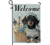 Bandiera da giardino per cani di benvenuto, striscione floreale con cucciolo di bassotto, decorazione per esterni su entrambi i lati per primavera estate, adorabile decorazione per la casa, 30,5 x