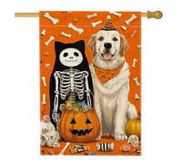 Bandiera da giardino per cani di Halloween, scheletro arancione e cuccioli, striscione in iuta su entrambi i lati per decorazione esterna del prato, festa festiva, bandiera da cortile 71 x 101 cm