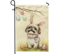 Bandiera da giardino per cani di Pasqua e primavera, bel cucciolo marrone con orecchie di coniglio e uova colorate, decorazione per esterni, bandiera in tela a doppia faccia per decorazione