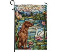 Bandiera da giardino per cani e cigno primavera estate labrador retriever marrone e anatra bianca, banner floreale double face, decorazione prato esterno, 30,5 x 45,7 cm