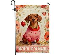 Bandiera da giardino per cani, fantasiosa e romantica rosa con cuori primaverili e pesca, in iuta su entrambi i lati, piccola bandiera da giardino per esterni, patio, prato, portico, ingresso