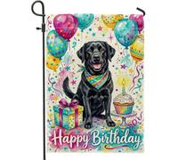 Bandiera da giardino per cani, festosa e gioiosa, con palline di mosca d'aria, cupcake, compleanno, nera, doppia faccia, piccola bandiera da giardino per esterni, patio, prato, portico anteriore