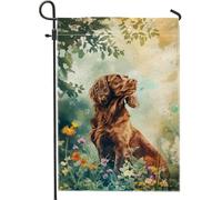 Bandiera da giardino per cani primaverile ed estate, bandiera floreale con ritratto di cani marrone, decorazione per prato all'aperto su entrambi i lati, decorazione per la casa amante degli animali