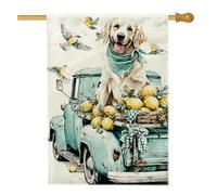 Bandiera da giardino per cani primaverile ed estate, camion vintage blu con limoni e uccelli, striscione decorativo per la casa, bandiera da giardino in iuta su entrambi i lati, decorazione per