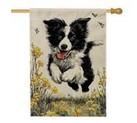 Bandiera da giardino per cani primaverile ed estate, striscione decorativo floreale per la casa, decorazione per la casa con cuccioli bianchi e neri, in iuta su entrambi i lati, 71 x 101 cm