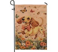 Bandiera da giardino per cani primaverile ed estiva, grazioso bassotto marrone con papillon e farfalle, striscione floreale per esterni, bandiera da cortile su entrambi i lati, decorazione per la casa