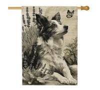 Bandiera da giardino per cani primaverili ed estivi, bianco e nero, lavanda e farfalla, decorazione per esterni, bandiera in iuta su entrambi i lati, decorazione per prato, 71 x 101 cm