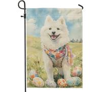 Bandiera da giardino per cani Samoiedo, cucciolo bianco con uova colorate decorazione esterna bandiera da cortile double face in iuta per celebrazione stagionale 30,5 x 45,7 cm