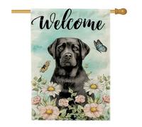 Bandiera da giardino per cani "Welcome Spring Estate", con fiori da laboratorio neri, bandiere per la decorazione della casa, in iuta double face, 71,1 x 101,6 cm