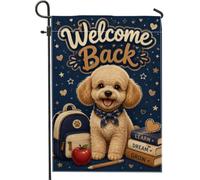 Bandiera da giardino per cani, zaino con frutta allegra e fantasiosa per il ritorno al campus, colore blu navy, bandiere decorative esterne per esterni, portico, prato, patio, terrazza, 30,5 x 45,7 cm