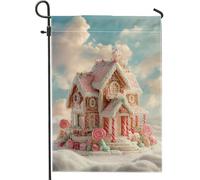 Bandiera da giardino per casa di pan di zenzero, fantasiosi bastoncini di zucchero lecca lecca lecca natalizi color pesca pastello su entrambi i lati, bandiere decorative esterne per esterni, prato