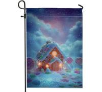 Bandiera da giardino per casa di pan di zenzero, lecca lecca lecca, caramelle natalizie blu pastello su entrambi i lati, bandiere decorative esterne per esterni, portico, prato, patio, terrazza, 30,5