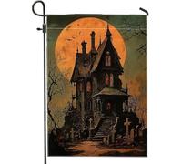 Bandiera da giardino per casa infestata di Halloween, bandiera arancione gotica per esterni, bandiera decorativa per esterni, bandiera da cortile in iuta su entrambi i lati, decorazione spettrale per