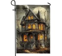 Bandiera da giardino per casa infestata di Halloween chalet grigio spaventoso decorazione per esterni double face in tela di iuta decorazione per prato autunnale per feste ed eventi autunnali 30,5 x