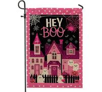 Bandiera da giardino per casa infestata di pesca di Halloween, fantasmi spettrali e zucche, decorazione per esterni, striscione da cortile in iuta su entrambi i lati per decorazione del prato delle