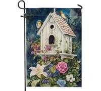 Bandiera da giardino per casetta degli uccelli primaverile e estiva, bandiere floreali per esterni con piume blu, bandiera da giardino su entrambi i lati, decorazione per la casa, 30,5 x 45,7 cm