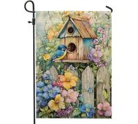 Bandiera da giardino per casetta degli uccelli primaverile e estiva, motivo floreale con uccellini blu, decorazione per la casa e il giardino, in iuta su entrambi i lati, 30,5 x 45,7 cm