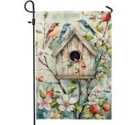 Bandiera da giardino per casetta degli uccelli primaverile ed estate, bandiere decorative per prato con uccelli e fiori, in tessuto double-face, decorazione per la casa all'aperto, vivace decorazione
