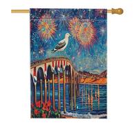 Bandiera da giardino per celebrazioni sul mare, bandiera costiera con gabbiano con fuochi d'artificio estivi, vivace cielo notturno, decorazione per la casa, feste, vacanze, decorazione per prato