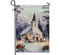 Bandiera da giardino per chiesa, Natale invernale con alberi di pino neve bianca su entrambi i lati, piccola bandiera da giardino per esterni, prato, portico, patio, ingresso, 30,5 x 45,7 cm