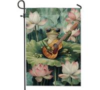 Bandiera da giardino per chitarra anfibio funky, anfibio verde che suona la chitarra, decorazione per la casa, bandiere da prato in iuta double face, decorazione primavera estate 30,5 x 45,7 cm