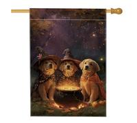 Bandiera da giardino per cuccioli di Halloween, colore nero dorato con cappelli da strega, decorazione per esterni, striscione su entrambi i lati per prato in iuta per feste autunnali 71 x 101 cm