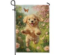 Bandiera da giardino per cuccioli primaverili ed estivi, con scritta "Happy Golden Puppy with Butterflies Home Decor Garden Banner", bandiera in iuta su entrambi i lati, decorazione per prato, 30,5 x