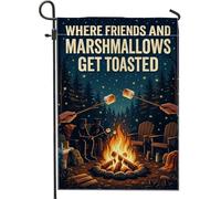 Bandiera da giardino per falò, rustica per esterni, marshmallow che cadono alberi blu scuro su entrambi i lati, bandiere decorative da esterno per esterni, portico, prato, patio, terrazza, 30,5 x 45,7