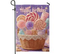 Bandiera da giardino per feste di compleanno, lecca-lecca e dolci colorati, decorazione per esterni, striscione in iuta su entrambi i lati, per feste, decorazione per prato, 30,5 x 45,7 cm